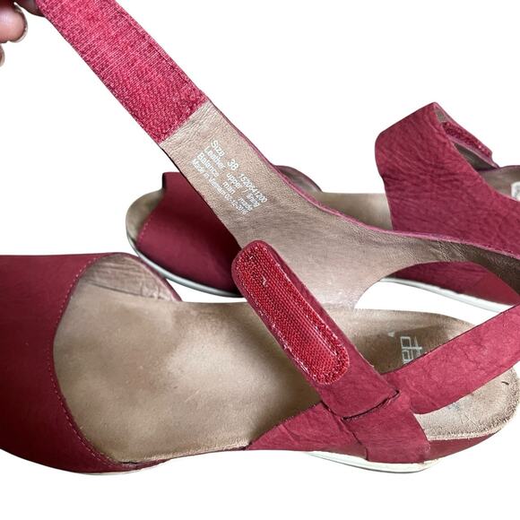 Dansko Vera Red Nubuck Leather Peep Toe Wedge Sandals 38 7.5-8 Comfort - Picture 8 of 12